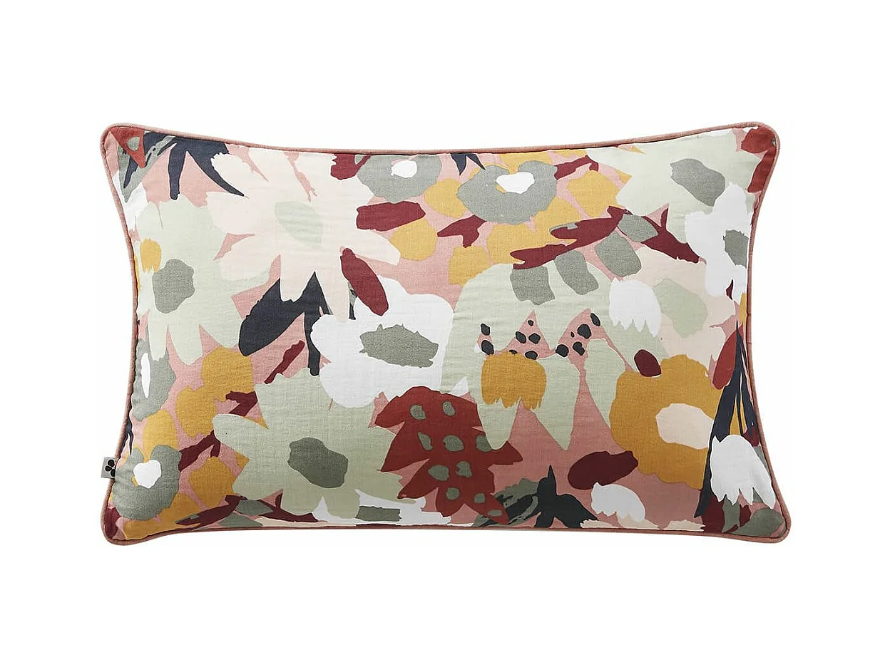 SARAH - Coussin Déhoussable 40x60cm Gaze de Coton Imprimé Rose Imprimé Floral