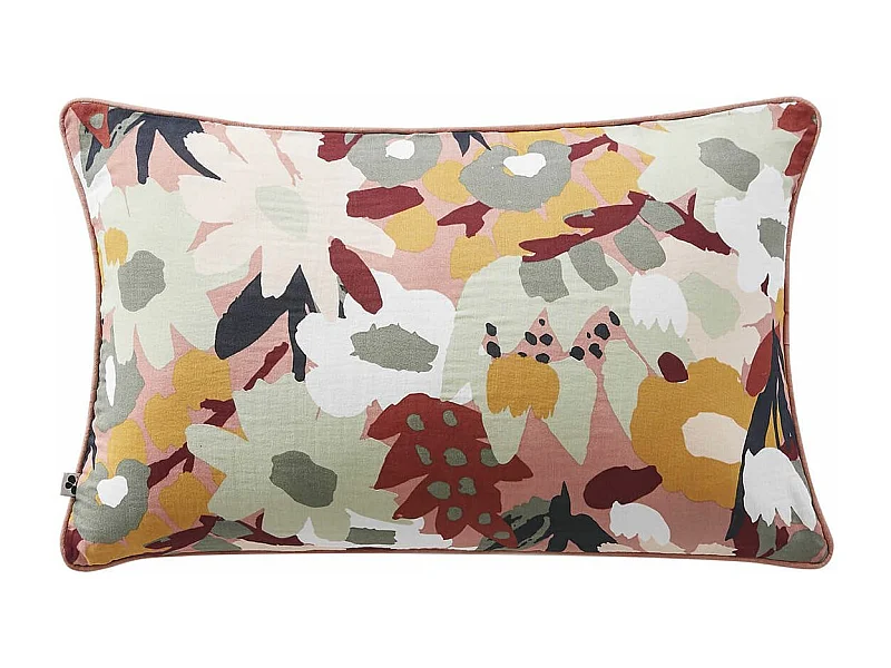 SARAH - Coussin Déhoussable 40x60cm Gaze de Coton Imprimé Rose Imprimé Floral
