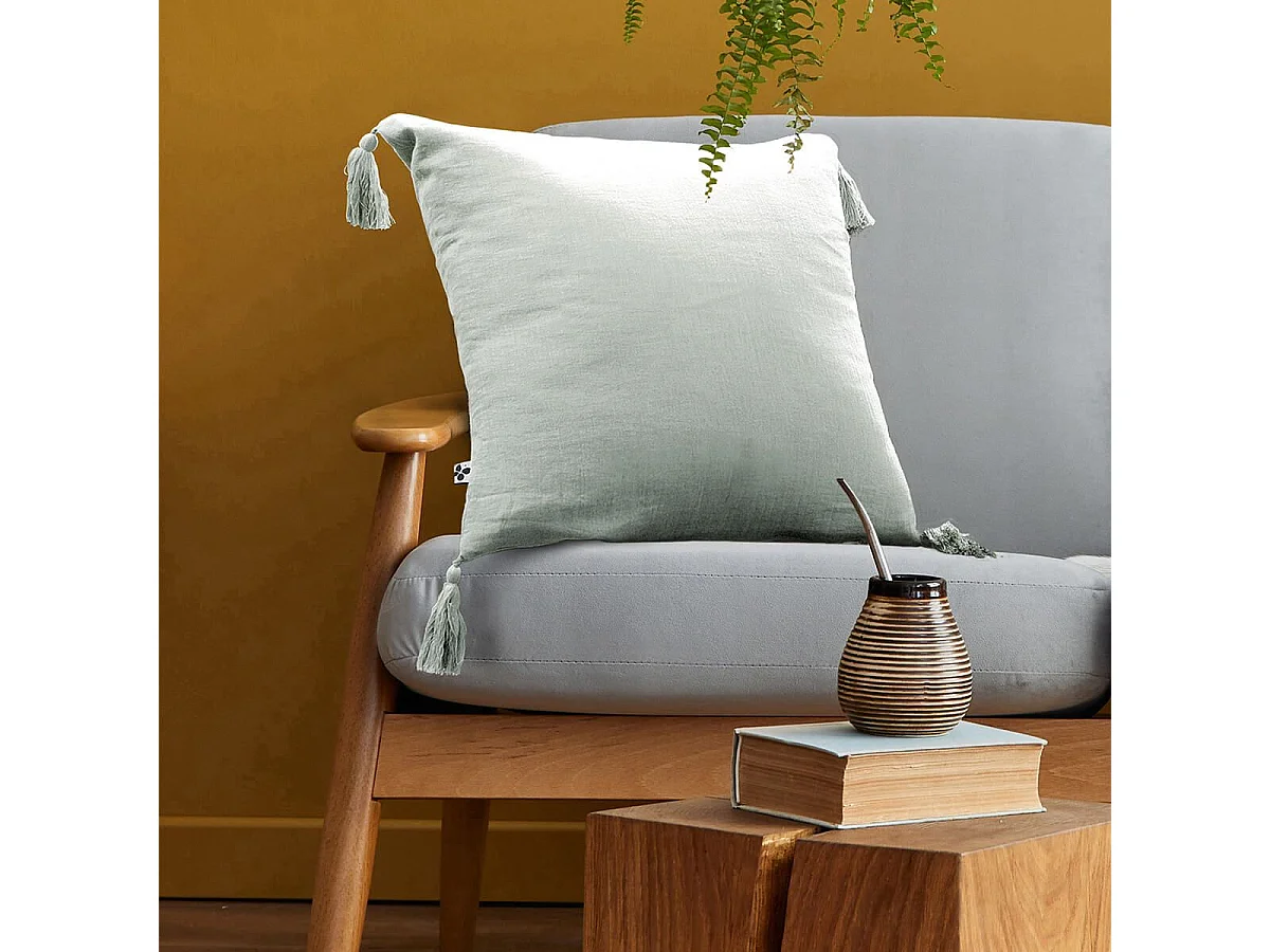 OUREA - Coussin Déhoussable 40x40cm avec Pompons Gaze de Coton Eucalyptus