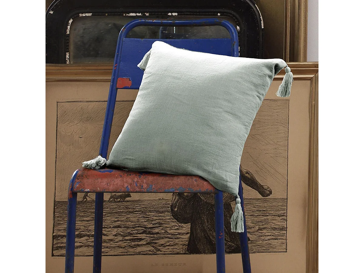 OUREA - Coussin Déhoussable 40x40cm avec Pompons Gaze de Coton Eucalyptus