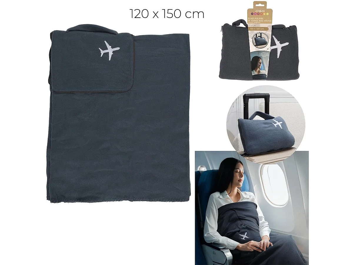 Plaid polaire de voyage 120x150cm polyester gris anthracite avec les bords surpiqués + Housse de transport - COSYAIR