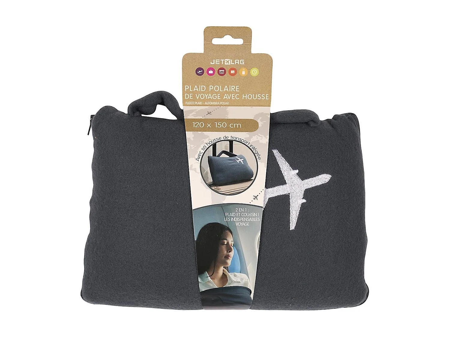 Plaid polaire de voyage 120x150cm polyester gris anthracite avec les bords surpiqués + Housse de transport - COSYAIR