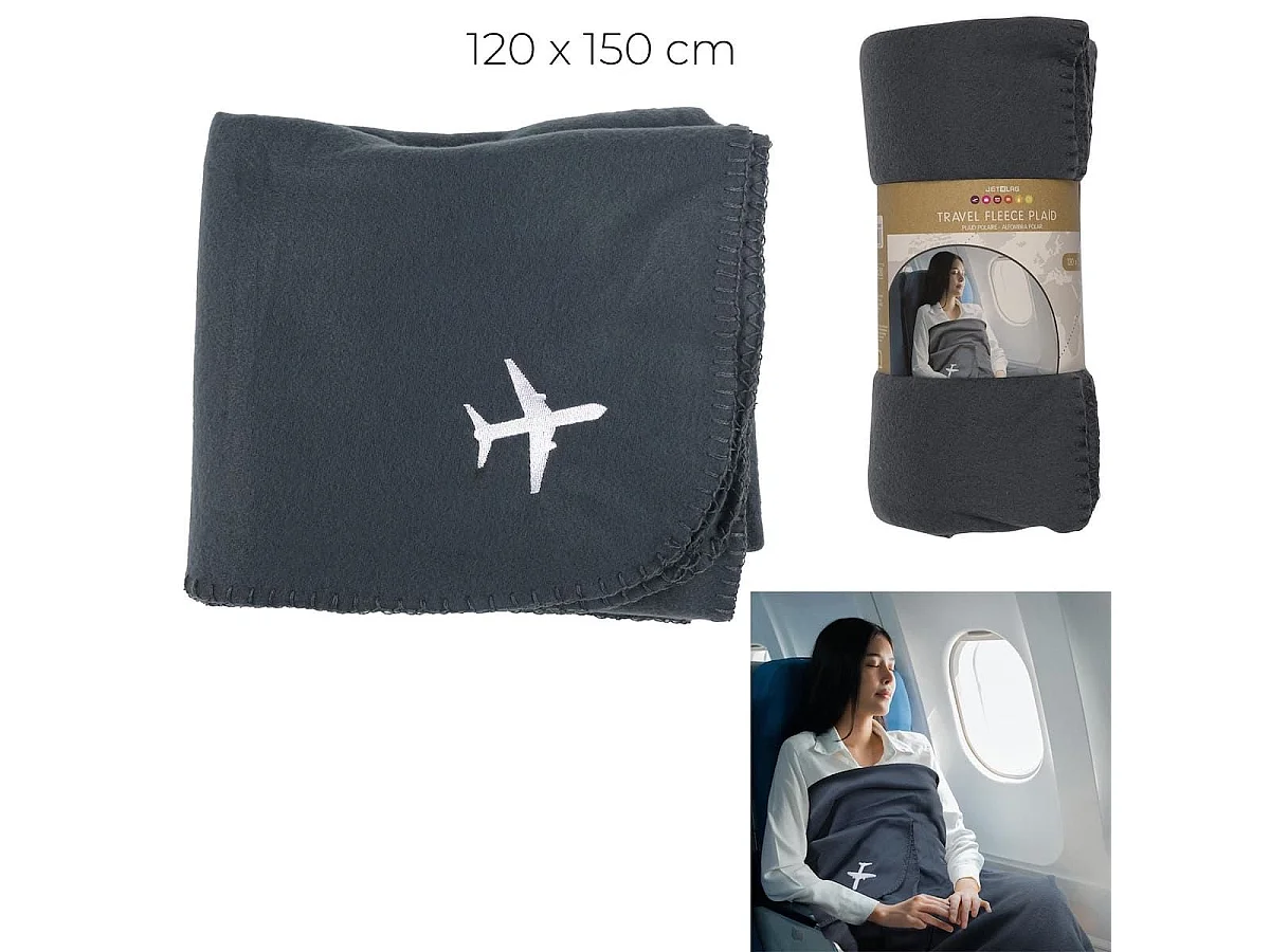 Plaid polaire de voyage rectangulaire 120x150cm en polyester gris anthracite avec les bords surpiqués - COSYAIR