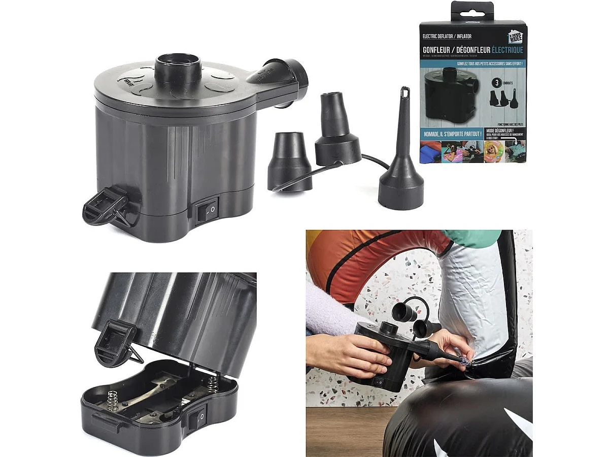 Gonfleur et dégonfleur électriques à piles avec 3 embouts en plastique noir - GONFLEX
