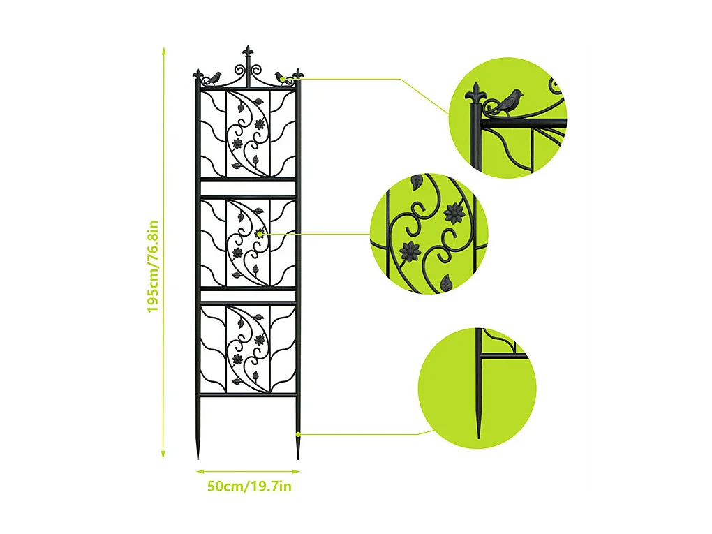 Kratka metalowa Unho, zestaw 2 sztuk, antykorozyjna kratka do roślin pnących, 195 x 50 cm, kratka ogrodowa, dekoracja ogrodu, czarna