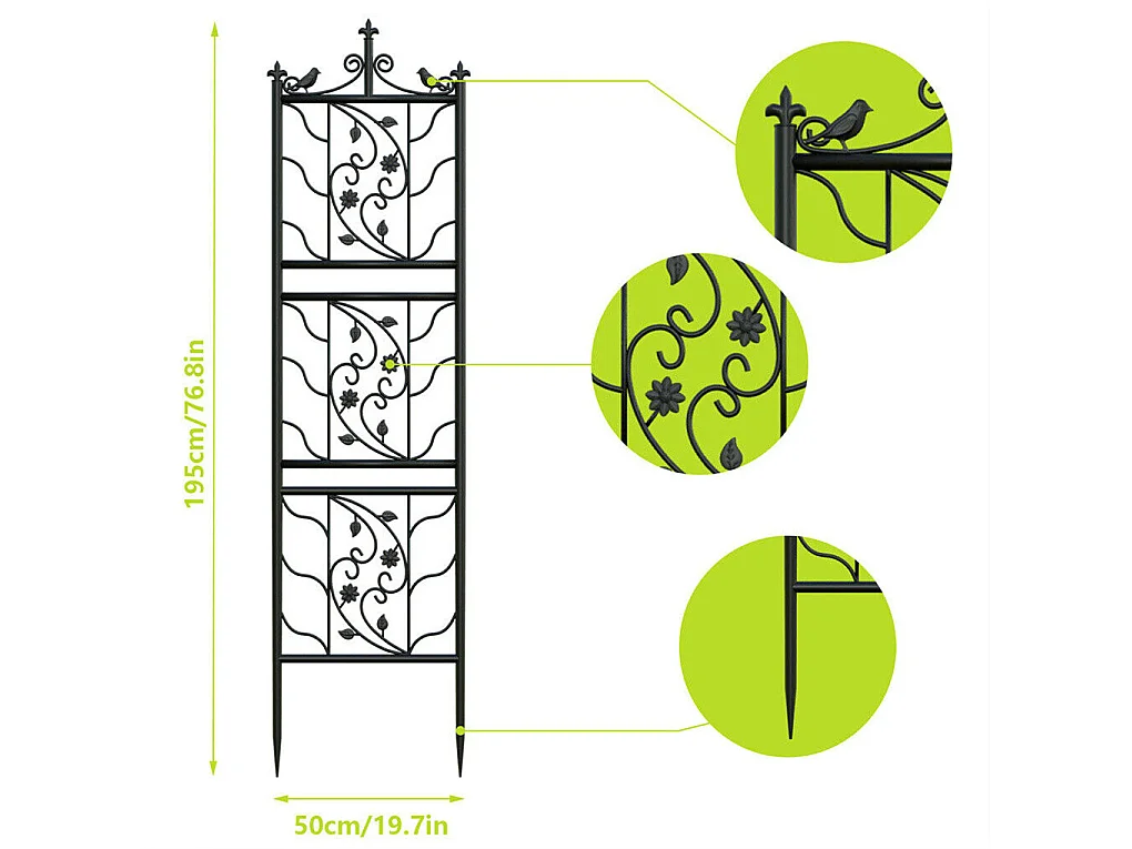 Kratka metalowa Unho, zestaw 2 sztuk, antykorozyjna kratka do roślin pnących, 195 x 50 cm, kratka ogrodowa, dekoracja ogrodu, czarna