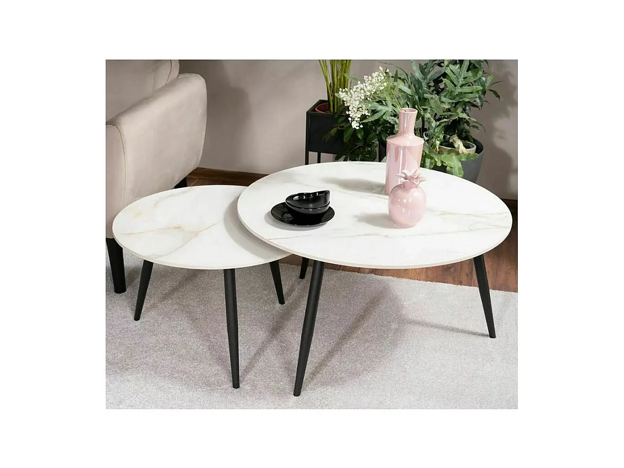 Tavolino rotondo Edmond con piano in ceramica bianca