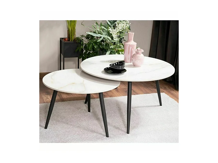 Tavolino rotondo Edmond con piano in ceramica bianca