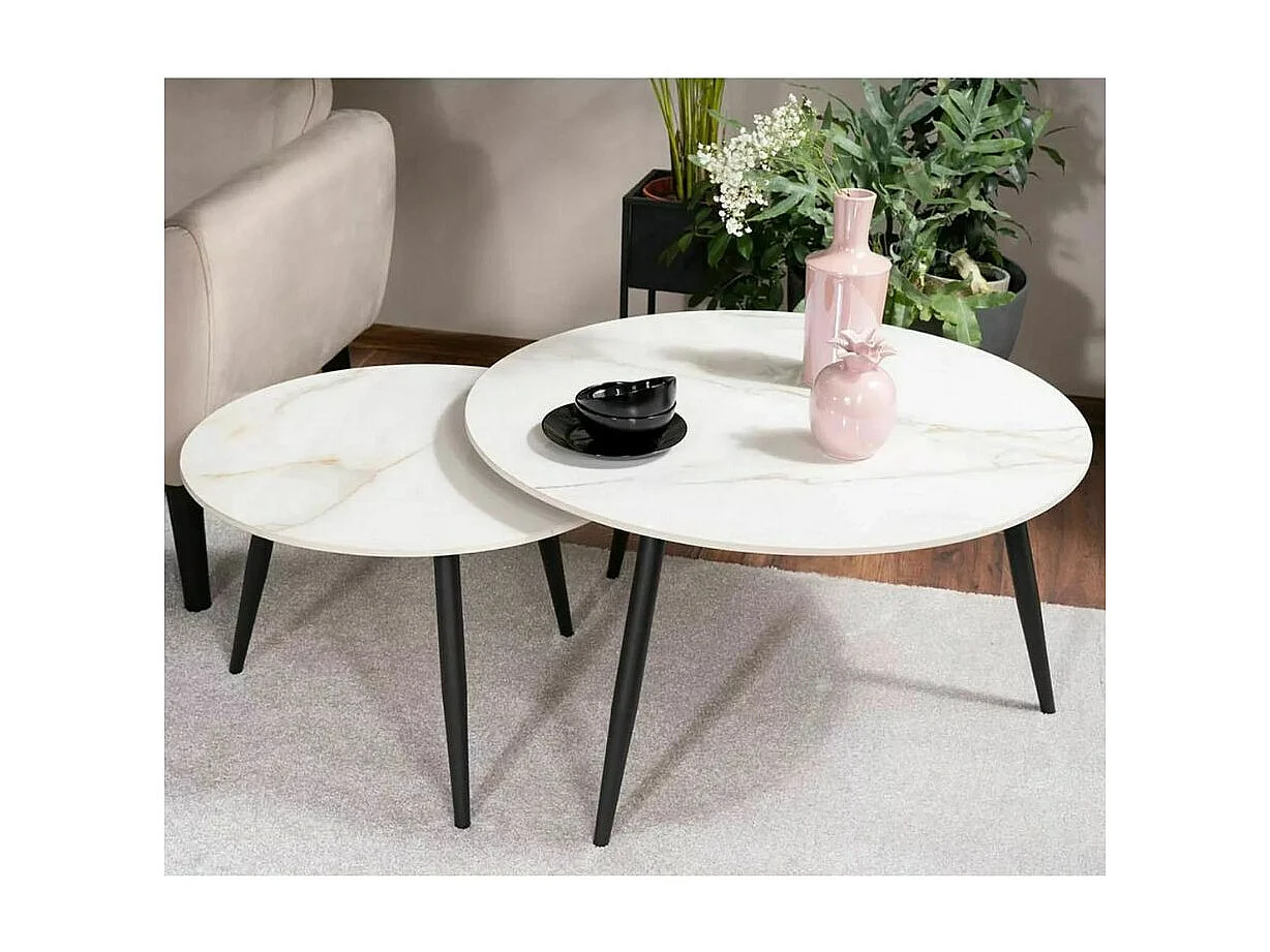 Table basse ronde gigogne avec plateau céramique blanc Edmond