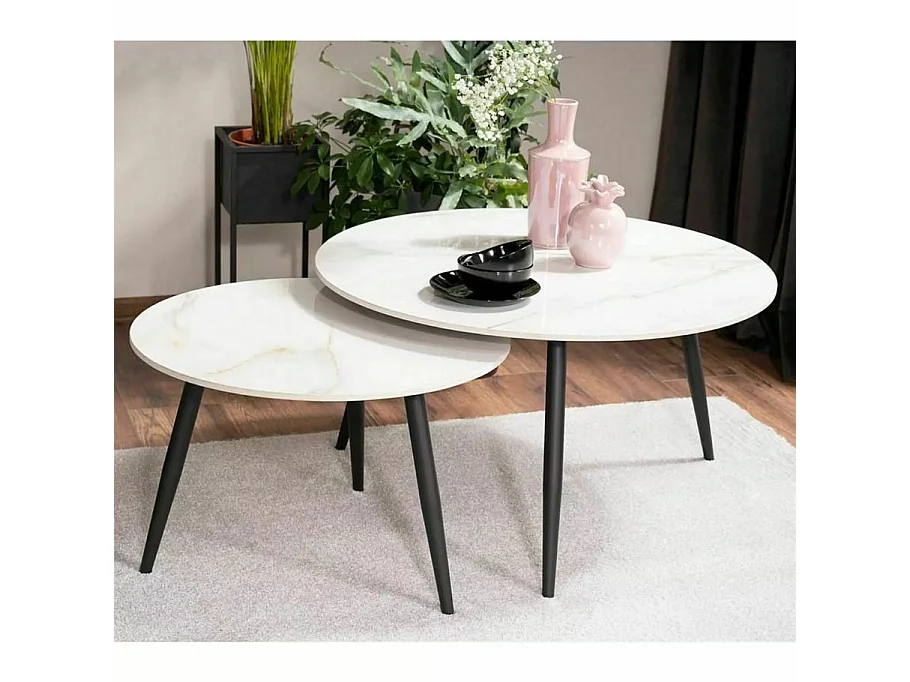 Table basse ronde gigogne avec plateau céramique blanc Edmond