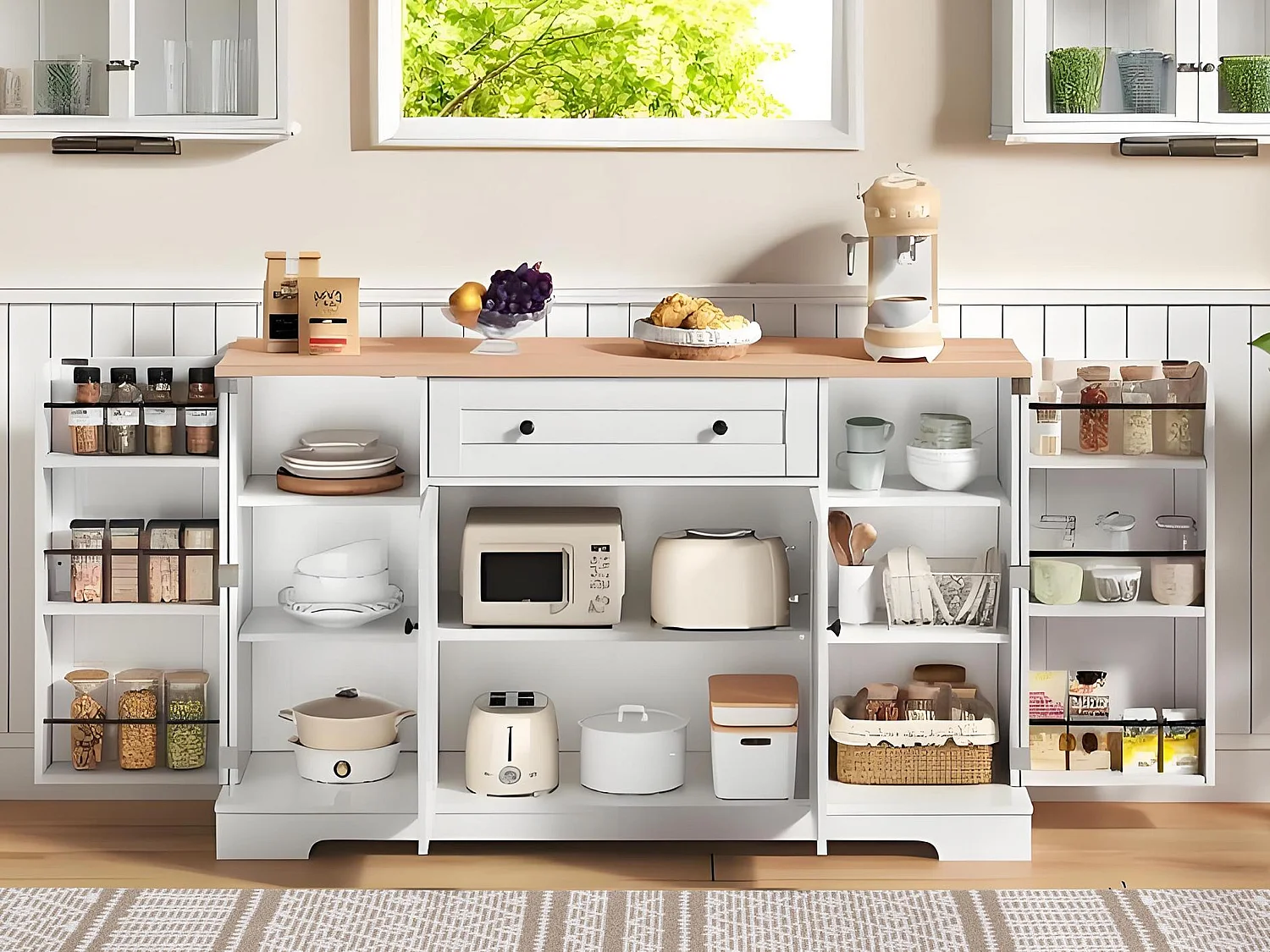 Buffet moderne 138x40x85cm - avec 2 portes et 1 tiroir - 2 portes avec étagères - Blanc + Naturel