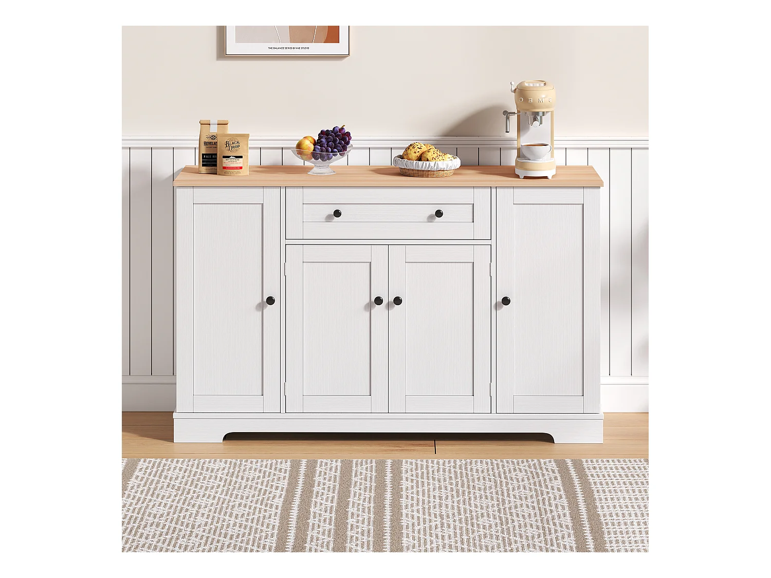 Buffet moderne 138x40x85cm - avec 2 portes et 1 tiroir - 2 portes avec étagères - Blanc + Naturel