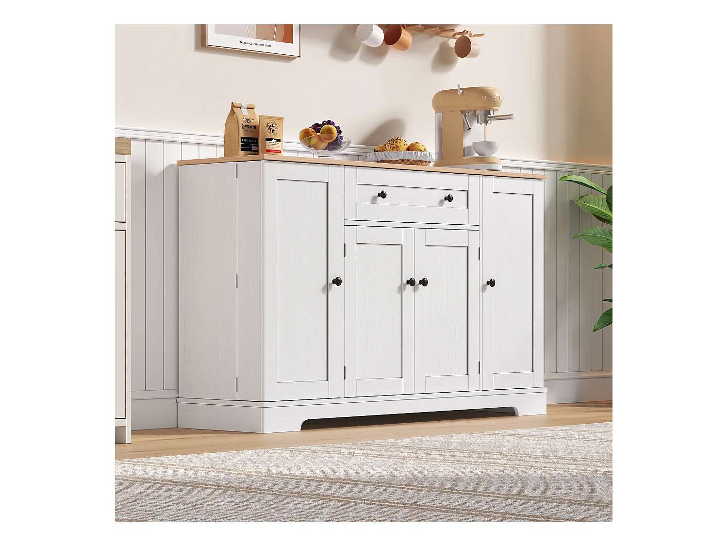 Buffet moderne 138x40x85cm - avec 2 portes et 1 tiroir - 2 portes avec étagères - Blanc + Naturel