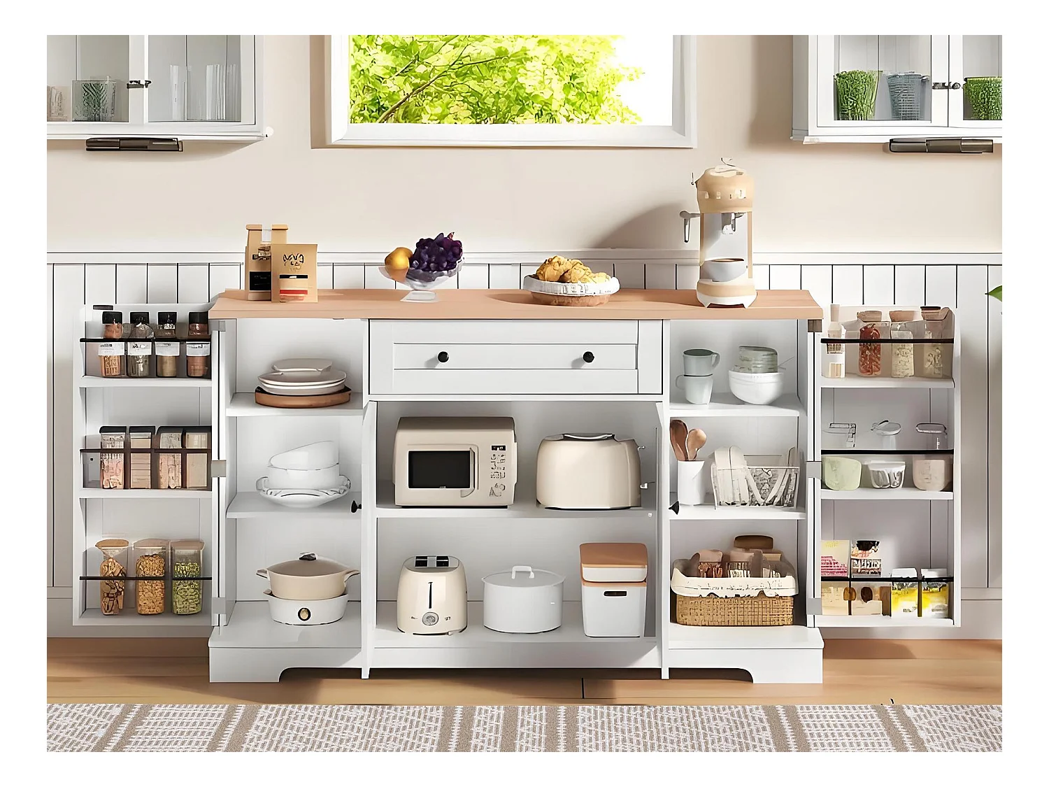 Buffet moderne 138x40x85cm - avec 2 portes et 1 tiroir - 2 portes avec étagères - Blanc + Naturel