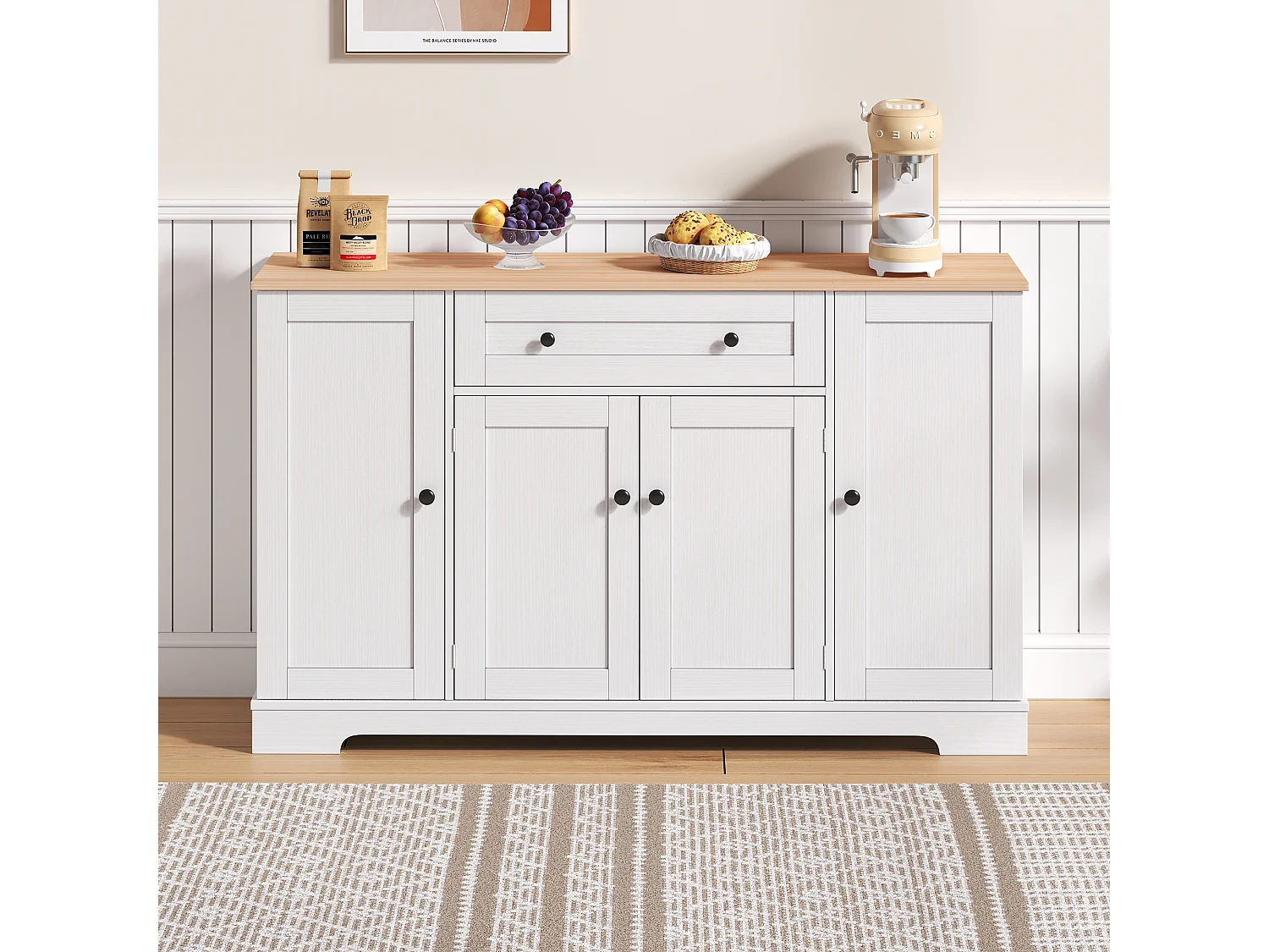 Buffet moderne 138x40x85cm - avec 2 portes et 1 tiroir - 2 portes avec étagères - Blanc + Naturel