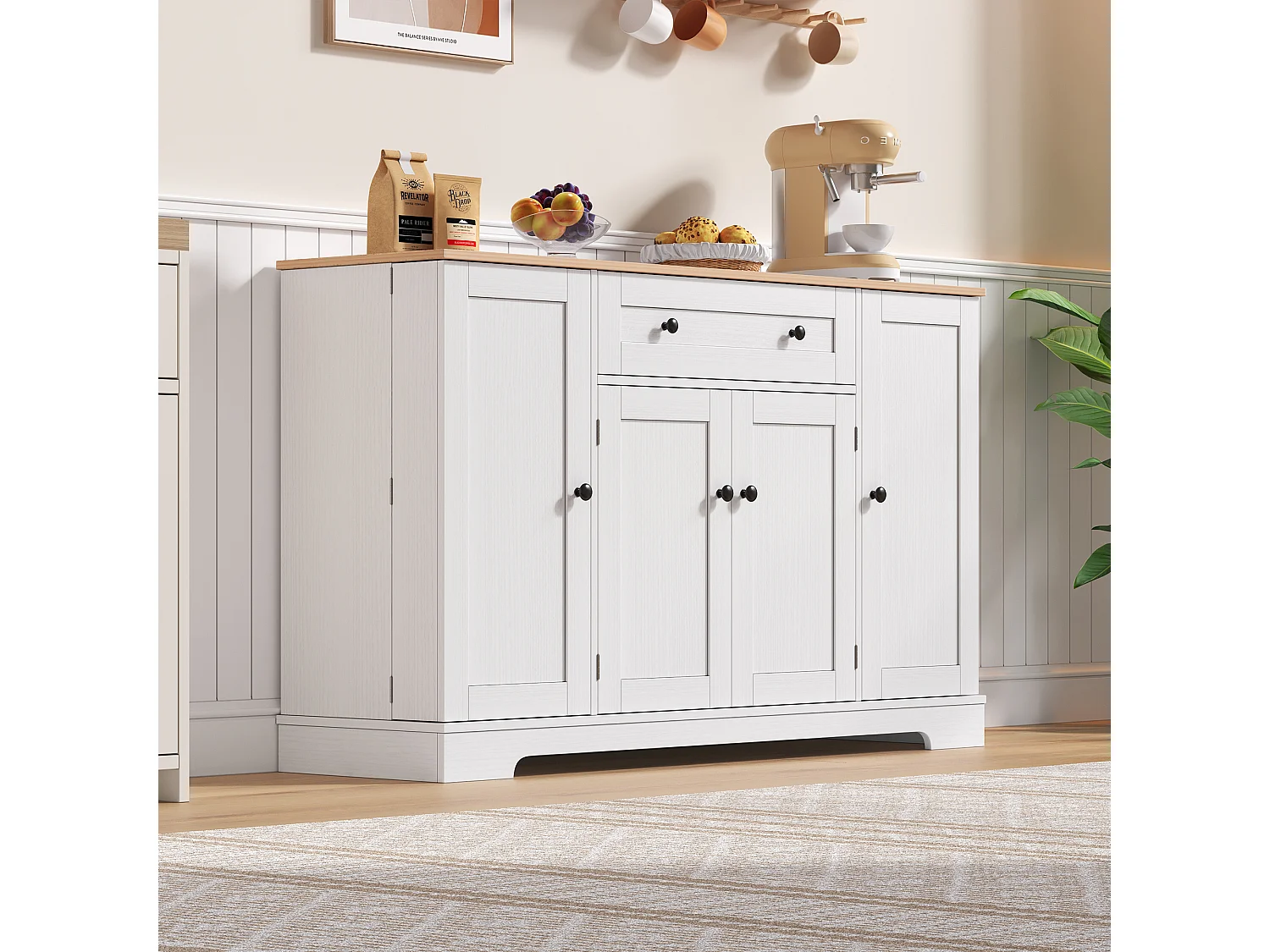 Buffet moderne 138x40x85cm - avec 2 portes et 1 tiroir - 2 portes avec étagères - Blanc + Naturel