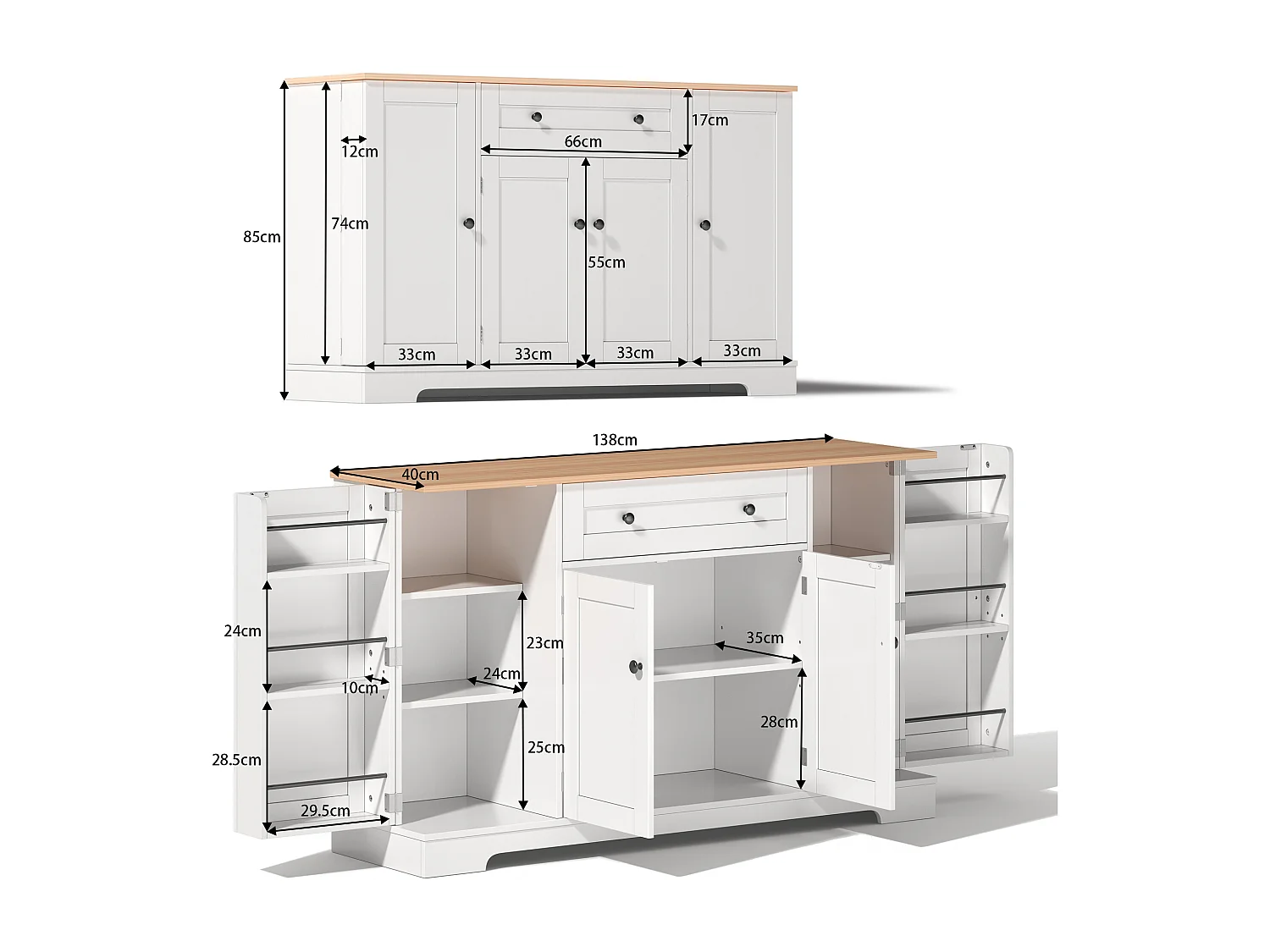 Buffet moderne 138x40x85cm - avec 2 portes et 1 tiroir - 2 portes avec étagères - Blanc + Naturel