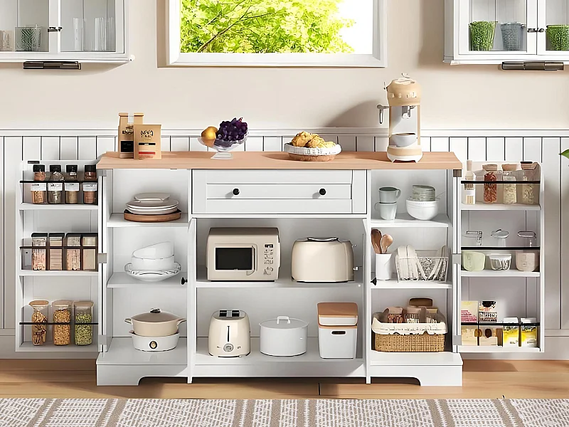 Buffet moderne 138x40x85cm - avec 2 portes et 1 tiroir - 2 portes avec étagères - Blanc + Naturel