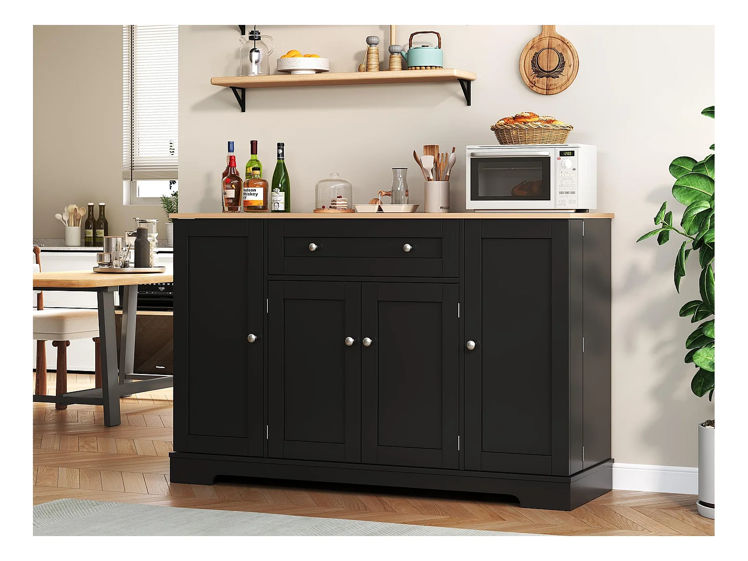 Buffet moderne 138x40x85cm - avec 2 portes et 1 tiroir - 2 portes avec étagères - Noir + Naturel