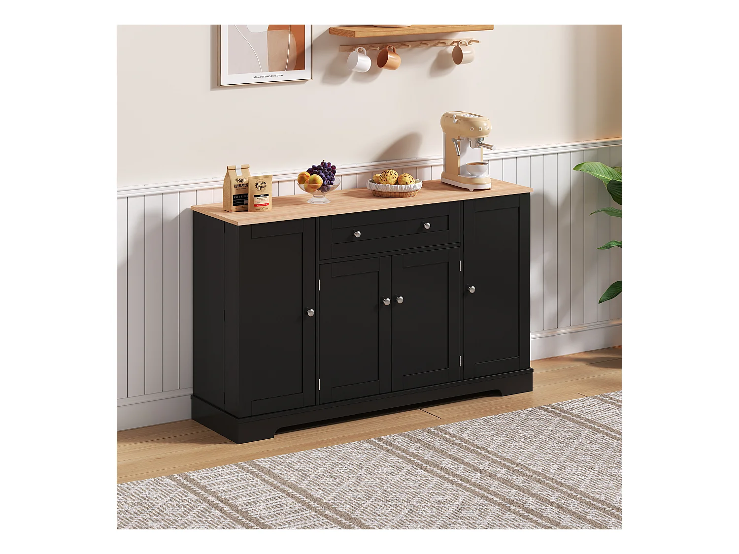 Buffet moderne 138x40x85cm - avec 2 portes et 1 tiroir - 2 portes avec étagères - Noir + Naturel