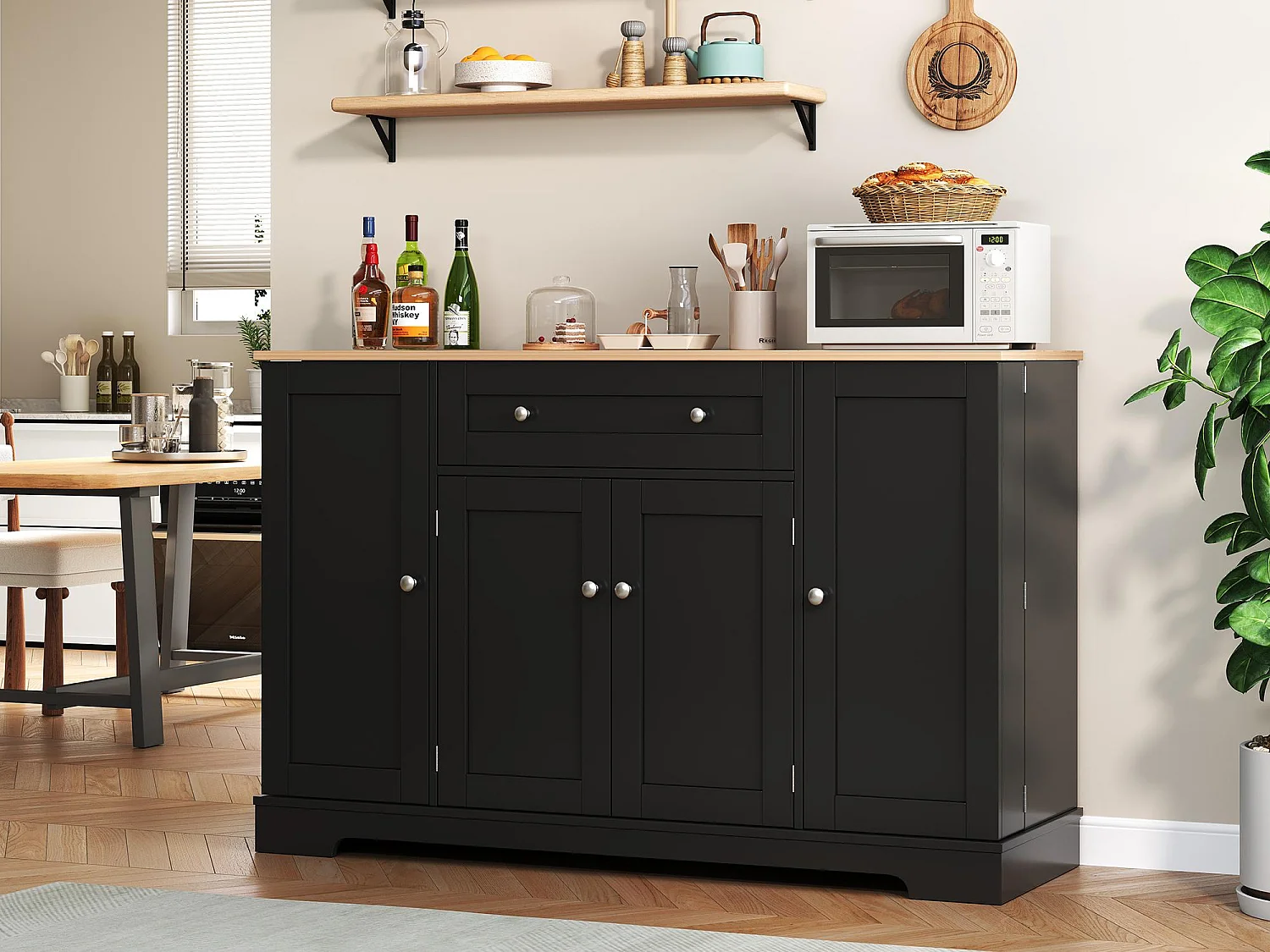 Moderne Anrichte 138×40×85 cm - mit 2 Türen und 1 Schublade - 2 Regaltüren - schwarz+natur