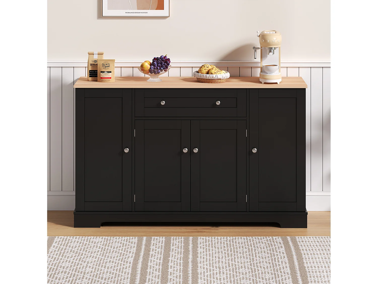 Moderne Anrichte 138×40×85 cm - mit 2 Türen und 1 Schublade - 2 Regaltüren - schwarz+natur