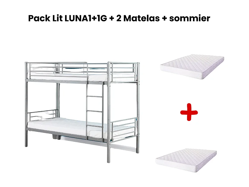 Pack : Lit superposé + Matelas compris Séparable métal LUNA 1+1 90x190 cm sommier inclus gris