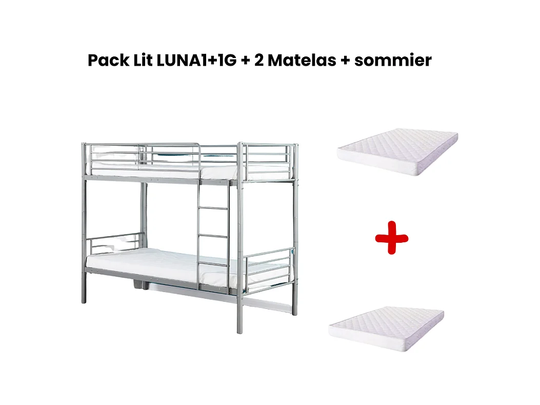 Pack : Lit superposé + Matelas compris Séparable métal LUNA 1+1 90x190 cm sommier inclus gris