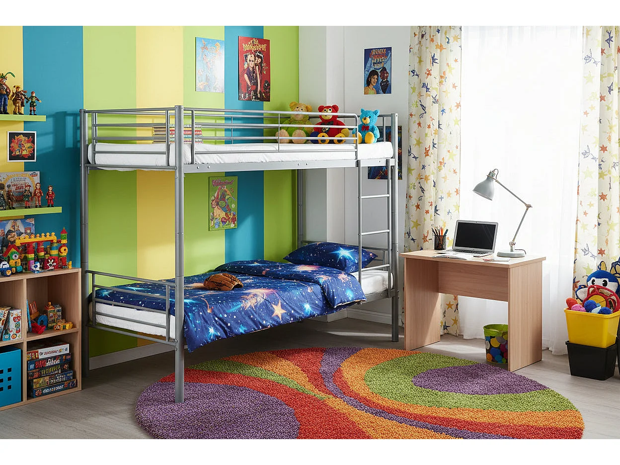 Pack Lit superposé séparable métal 2 couchages 90x190 cm gris + matelas LUNA