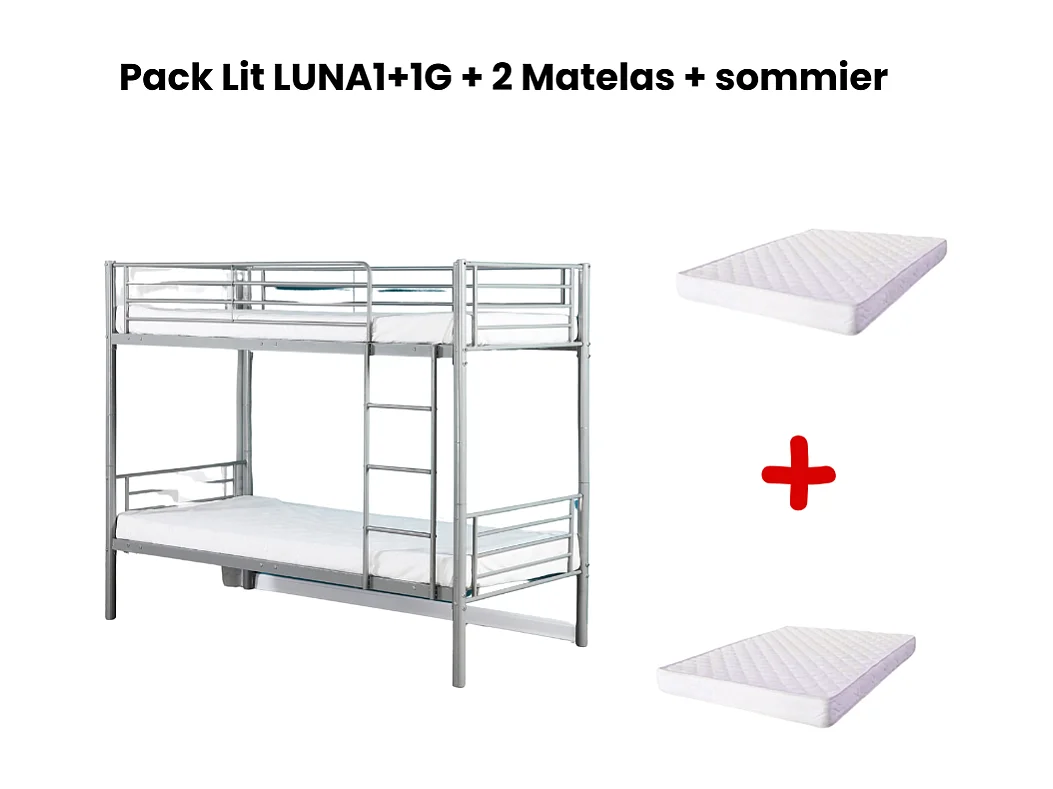 Pack Lit superposé séparable métal 2 couchages 90x190 cm gris + matelas LUNA