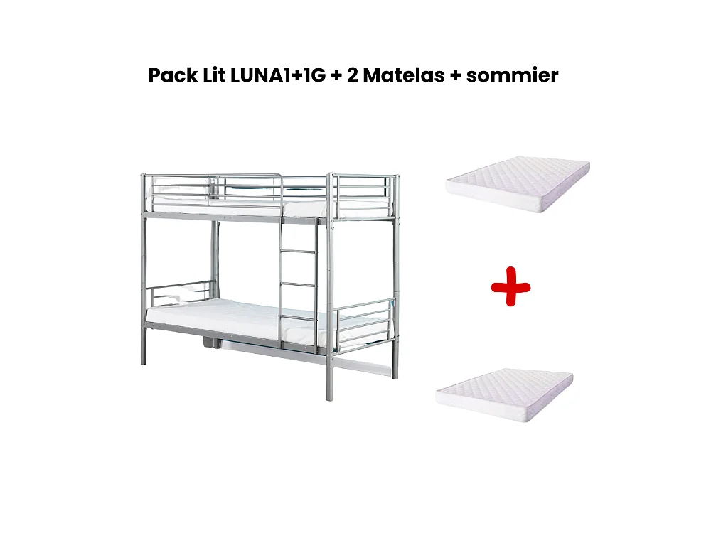 Pack Lit superposé séparable métal 2 couchages 90x190 cm gris + matelas LUNA