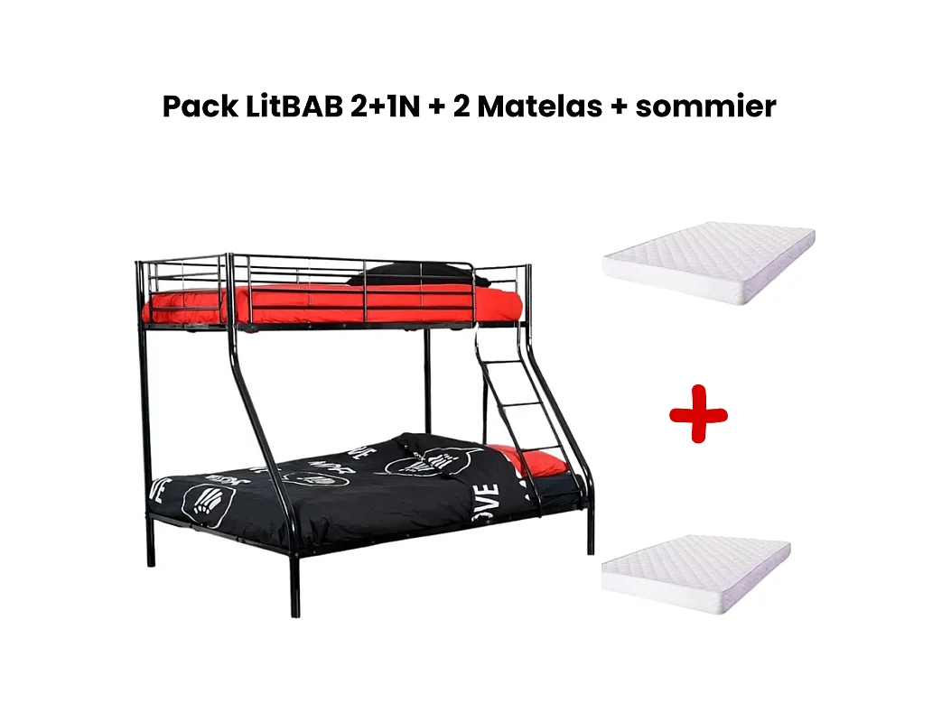 Pack: Lit superposé en métal COSTO sommier inclus + 2 Matelas 90/140x190 cm, 3 places Noir