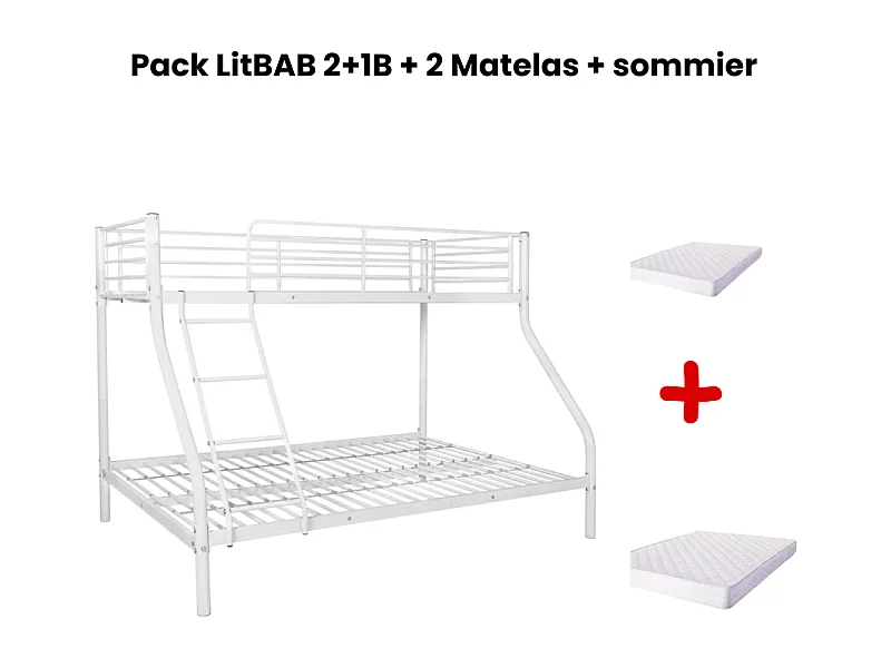 Pack: Lit superposé en métal COSTO sommier inclus + 2 Matelas 90/140x190 cm, 3 places Blanc
