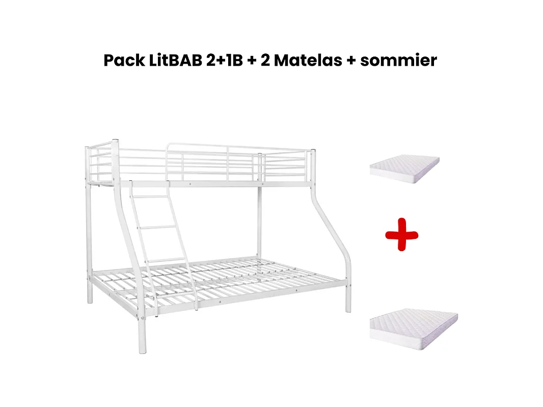 Pack: Lit superposé en métal COSTO sommier inclus + 2 Matelas 90/140x190 cm, 3 places Blanc