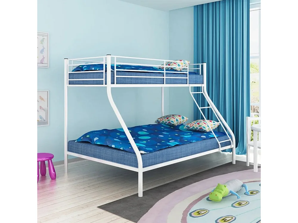 Lit superposé métal 3 places 90/140x190 cm Blanc + sommier et 2 matelas COSTO