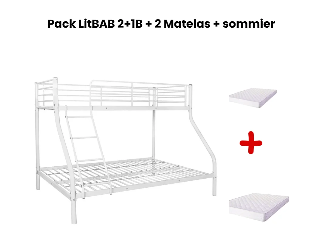 Lit superposé métal 3 places 90/140x190 cm Blanc + sommier et 2 matelas COSTO