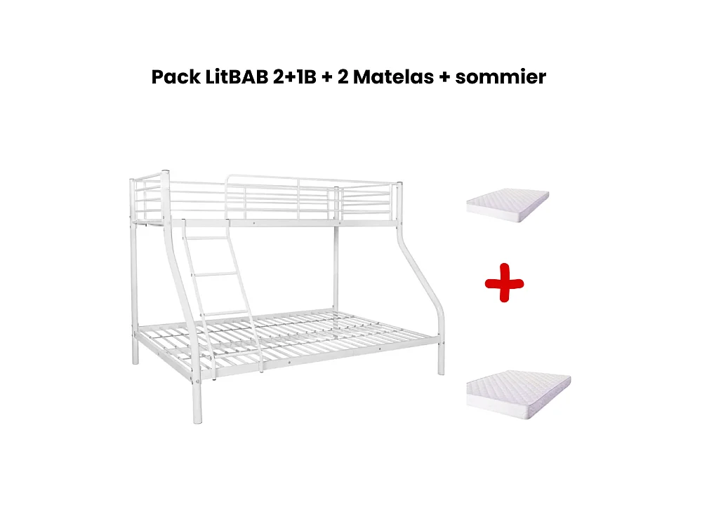 Lit superposé métal 3 places 90/140x190 cm Blanc + sommier et 2 matelas COSTO