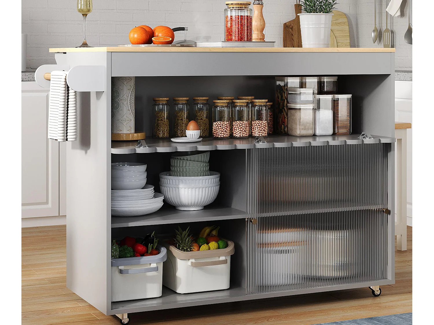 Ilot central de cuisine mobile - plateau extensible - 2 portes coulissante - avec porte-serviettes - MDF - Gris