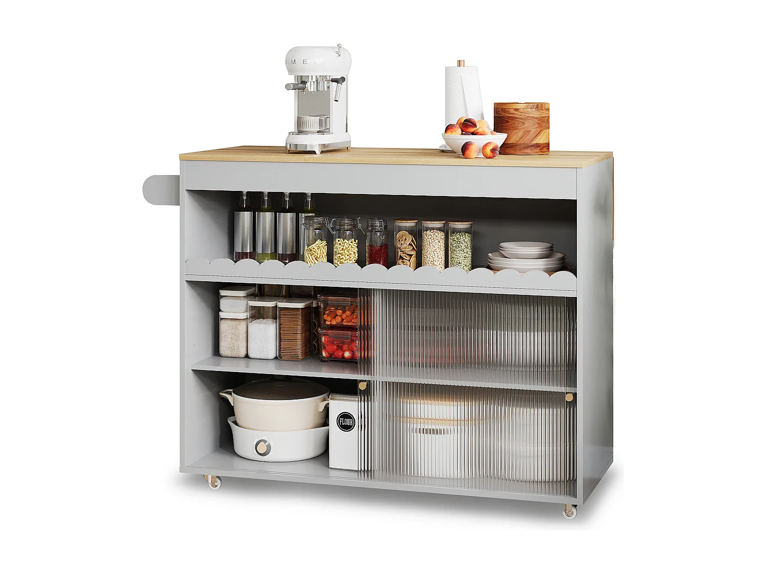 Ilot central de cuisine mobile - plateau extensible - 2 portes coulissante - avec porte-serviettes - MDF - Gris