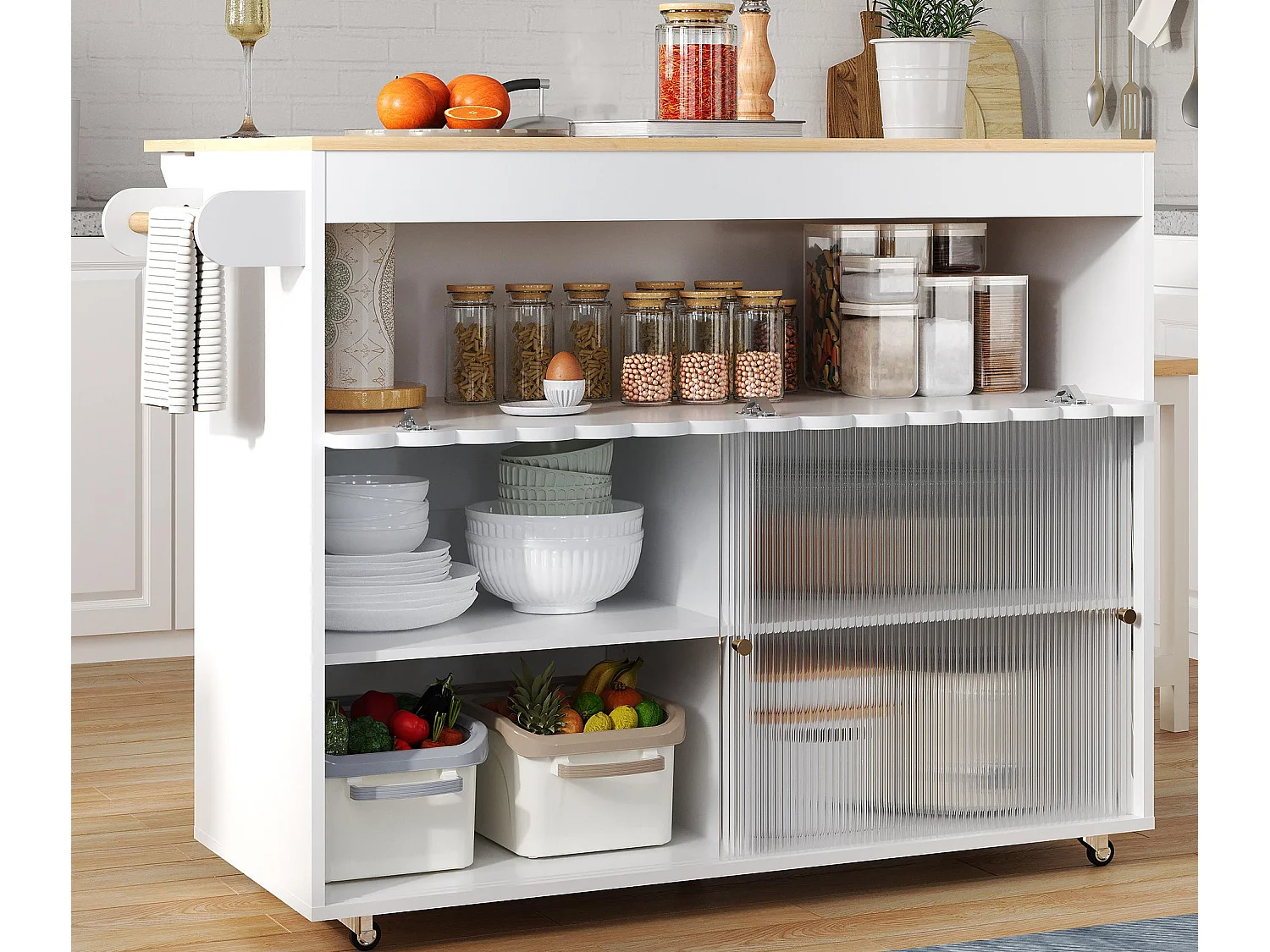 Mobilna wyspa kuchenna - blat rozsuwany - 2 drzwi przesuwne - z wieszakiem na ręczniki - MDF - biały