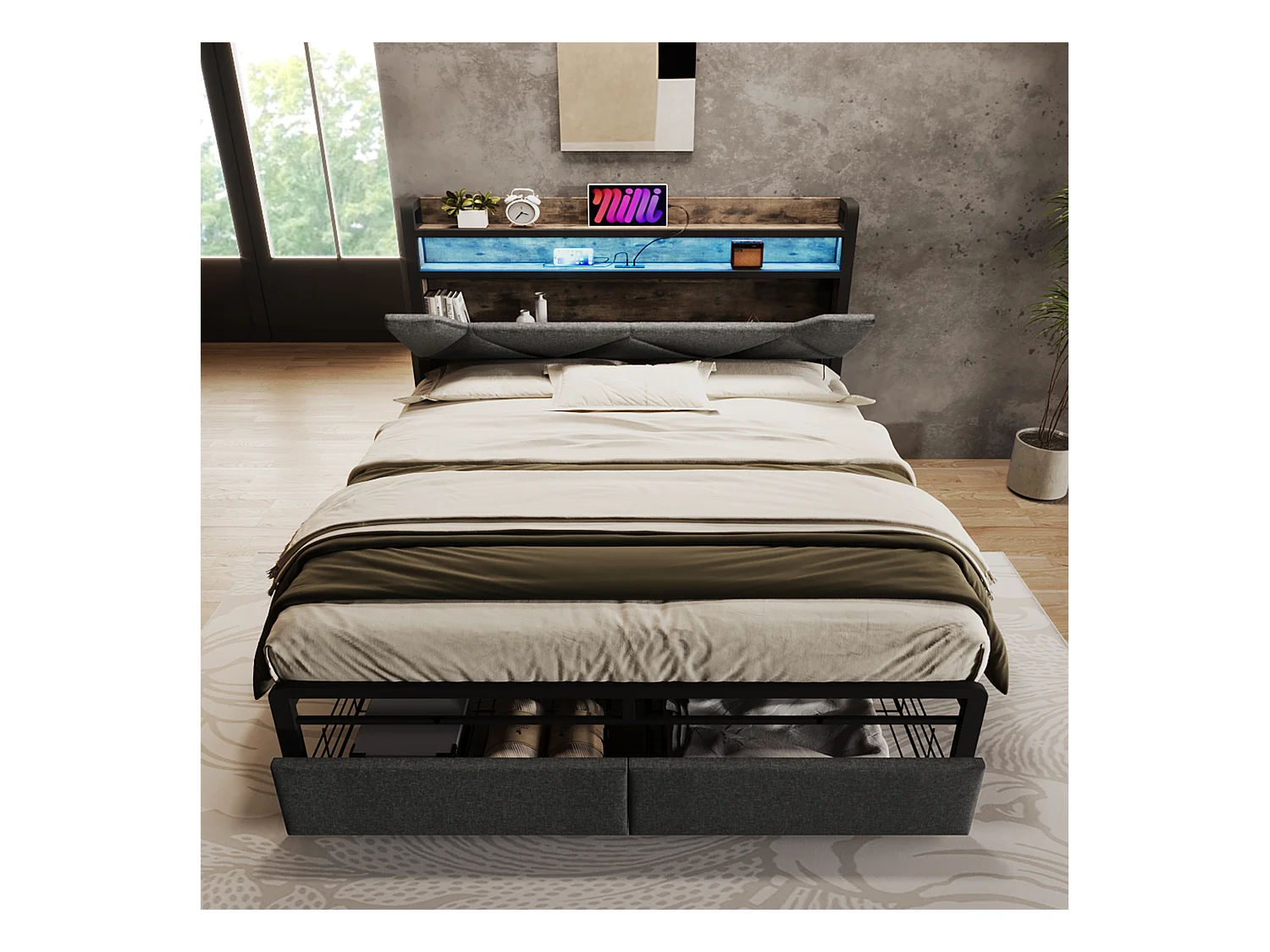 Lit adulte 160x200cm en lin avec LED + USB Type-C, éclairage, avec tiroirs de rangement, gris, sans matelas