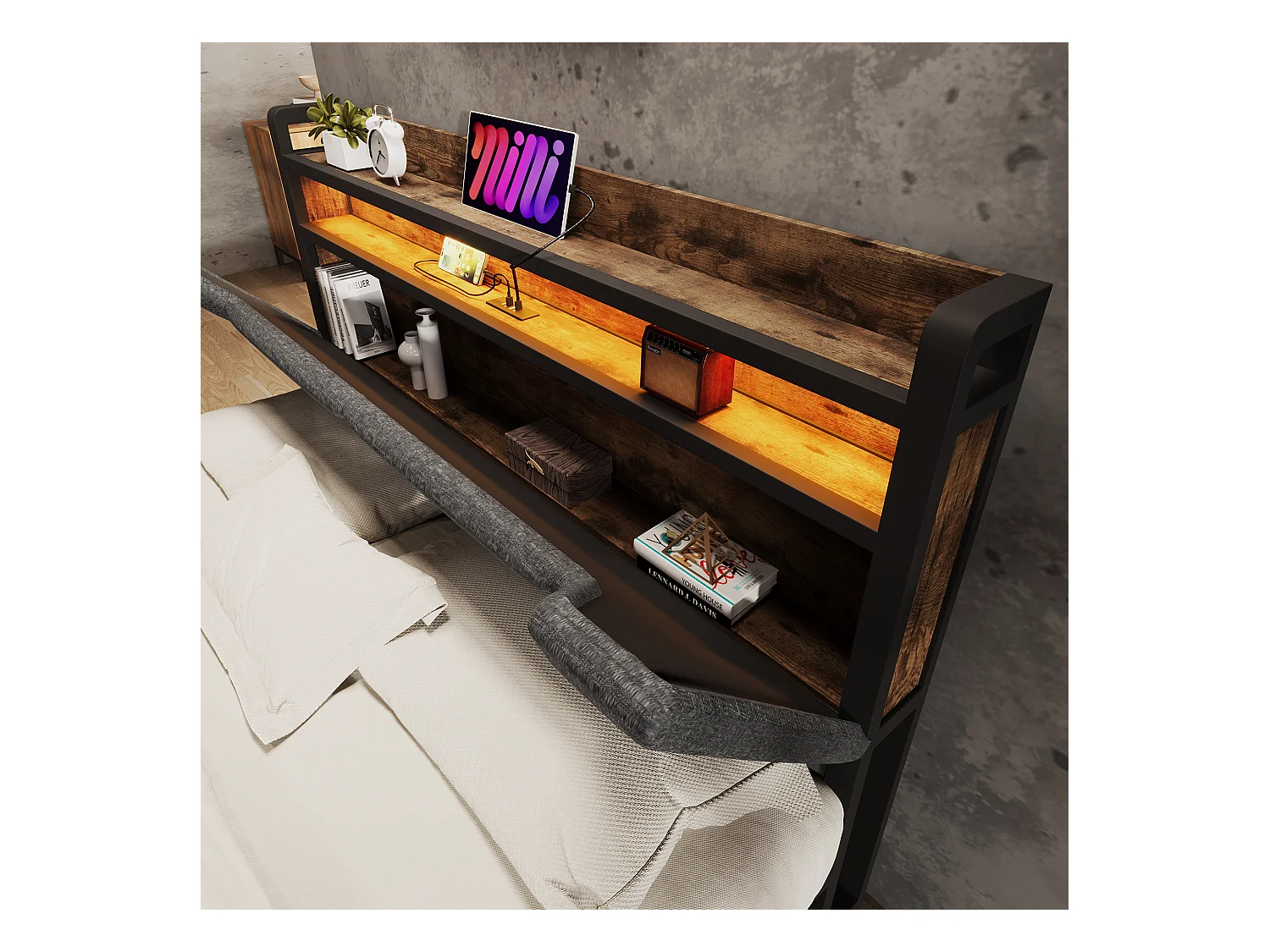 Lit adulte 160x200cm en lin avec LED + USB Type-C, éclairage, avec tiroirs de rangement, gris, sans matelas