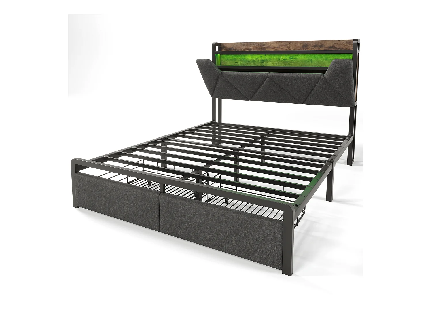 Lit adulte 160x200cm en lin avec LED + USB Type-C, éclairage, avec tiroirs de rangement, gris, sans matelas