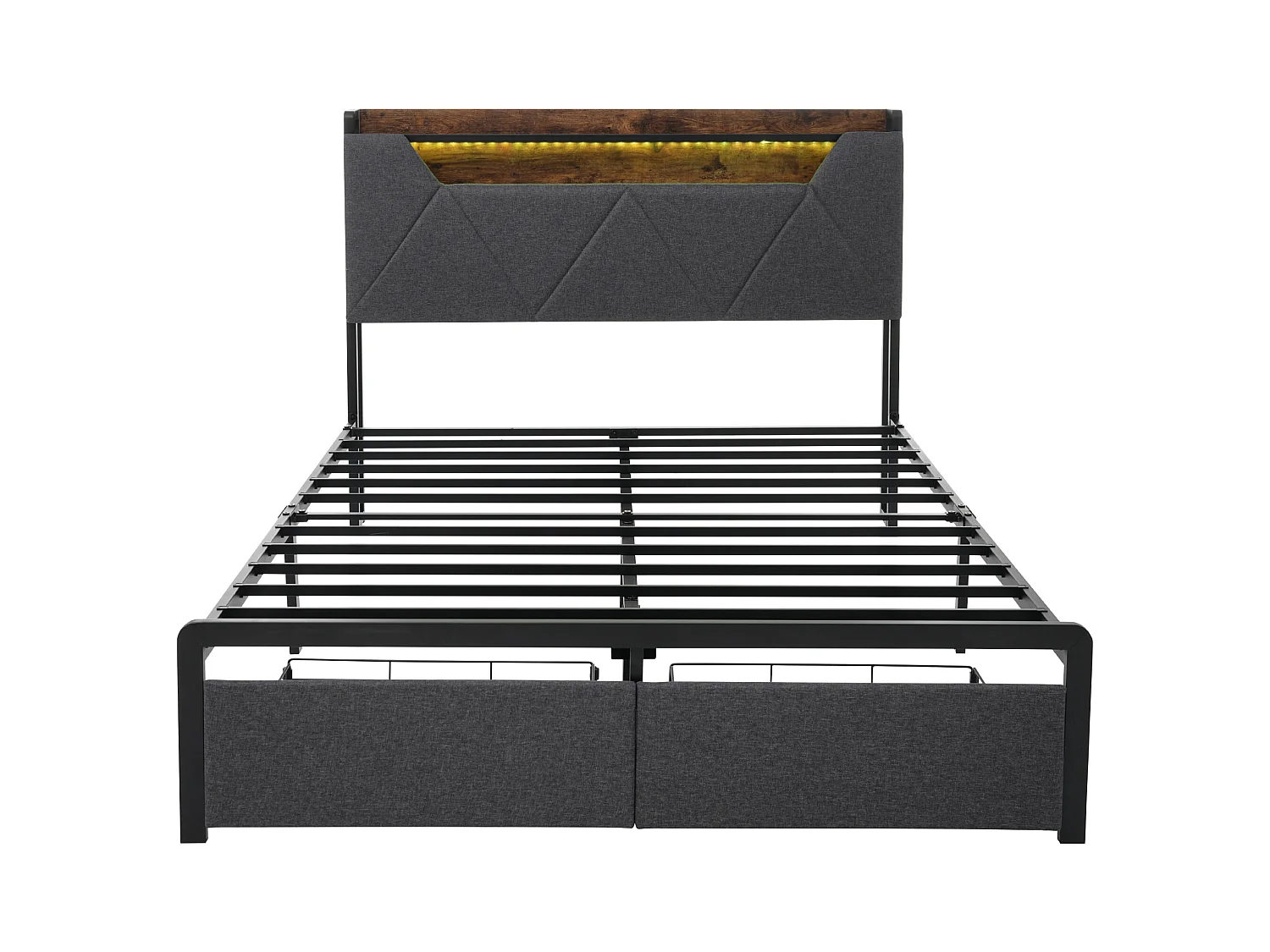 Lit adulte 160x200cm en lin avec LED + USB Type-C, éclairage, avec tiroirs de rangement, gris, sans matelas