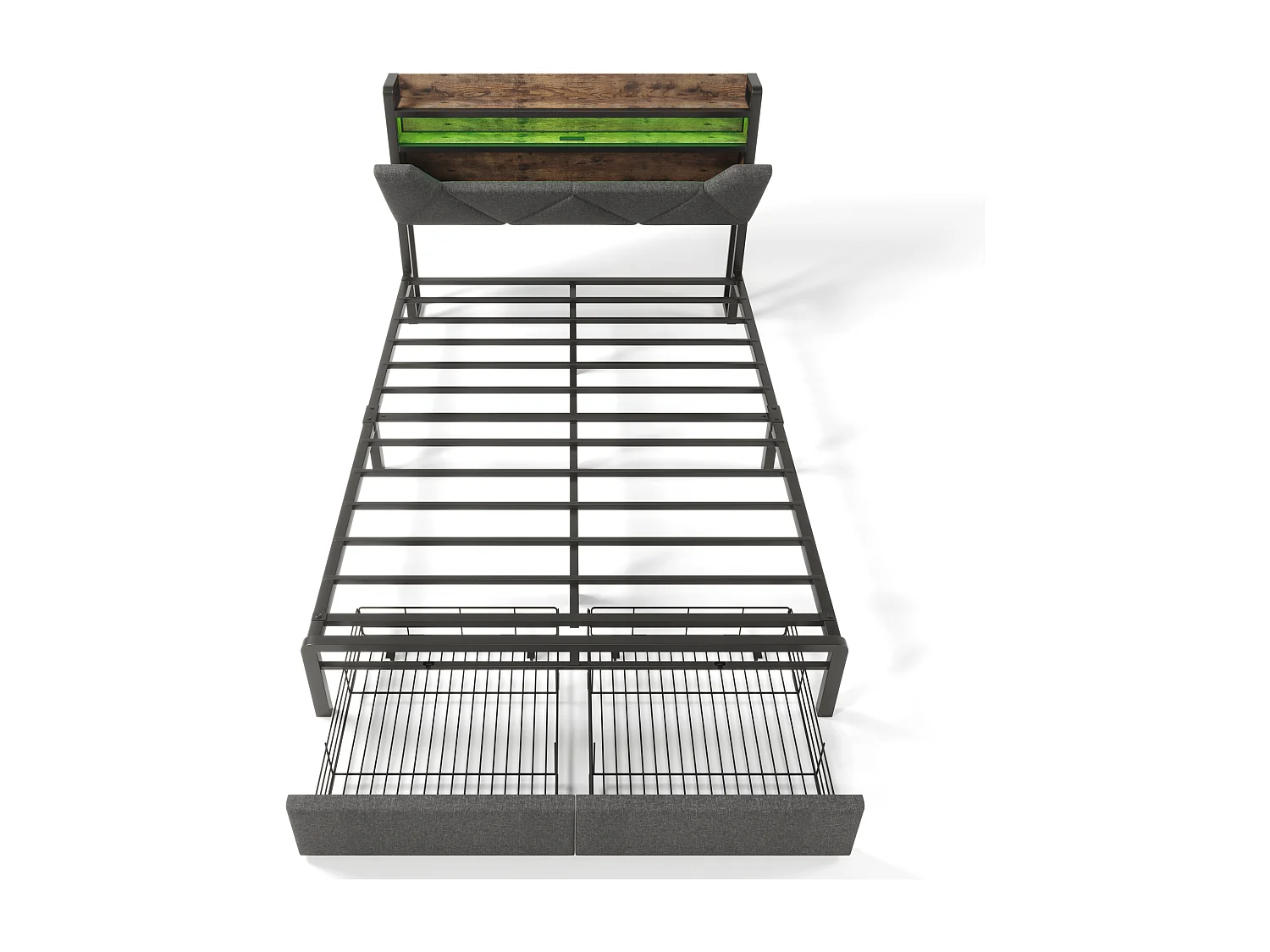 Opbergbed 160x200cm in linnen met LED-verlichting en USB Type-C, met lades, grijs, zonder matras