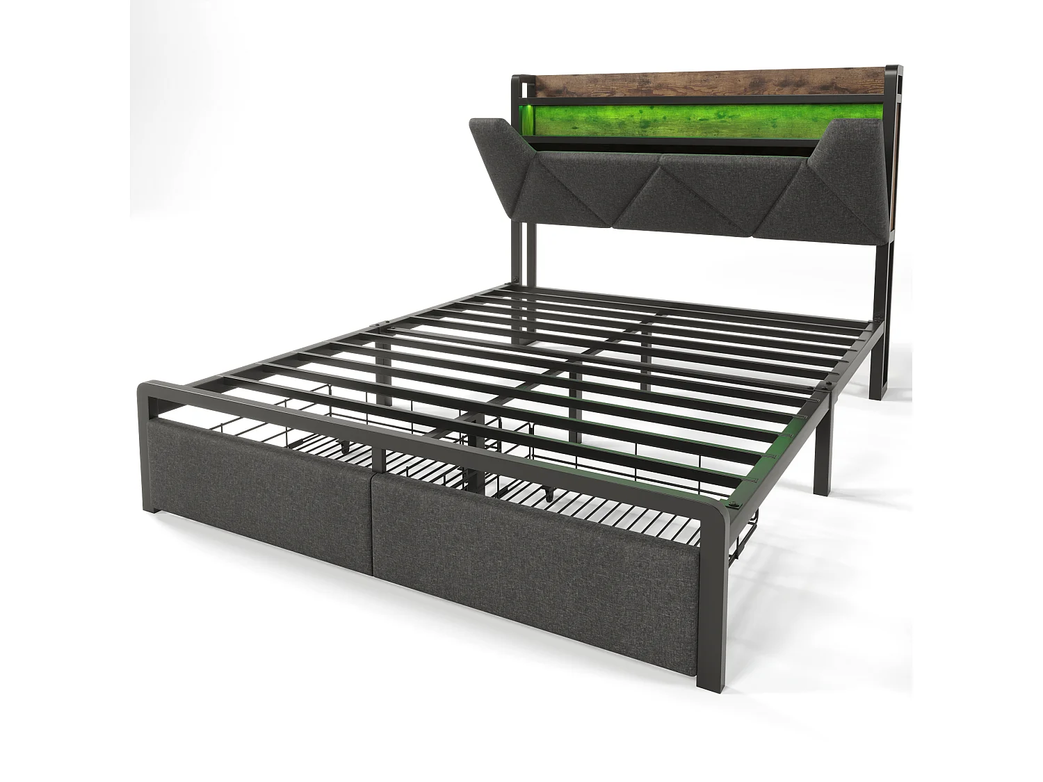 Opbergbed 160x200cm in linnen met LED-verlichting en USB Type-C, met lades, grijs, zonder matras