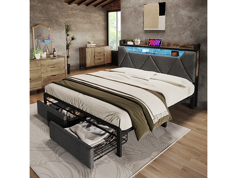 Lit adulte 160x200cm en lin avec LED + USB Type-C, éclairage, avec tiroirs de rangement, gris, sans matelas