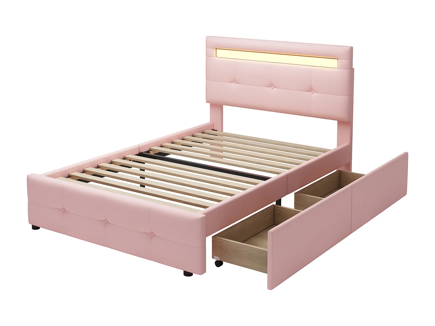 Lit enfant 90x200 cm en lin avec 2 tiroirs de rangement et LED, rose, Sommier à lattes, sans matelas