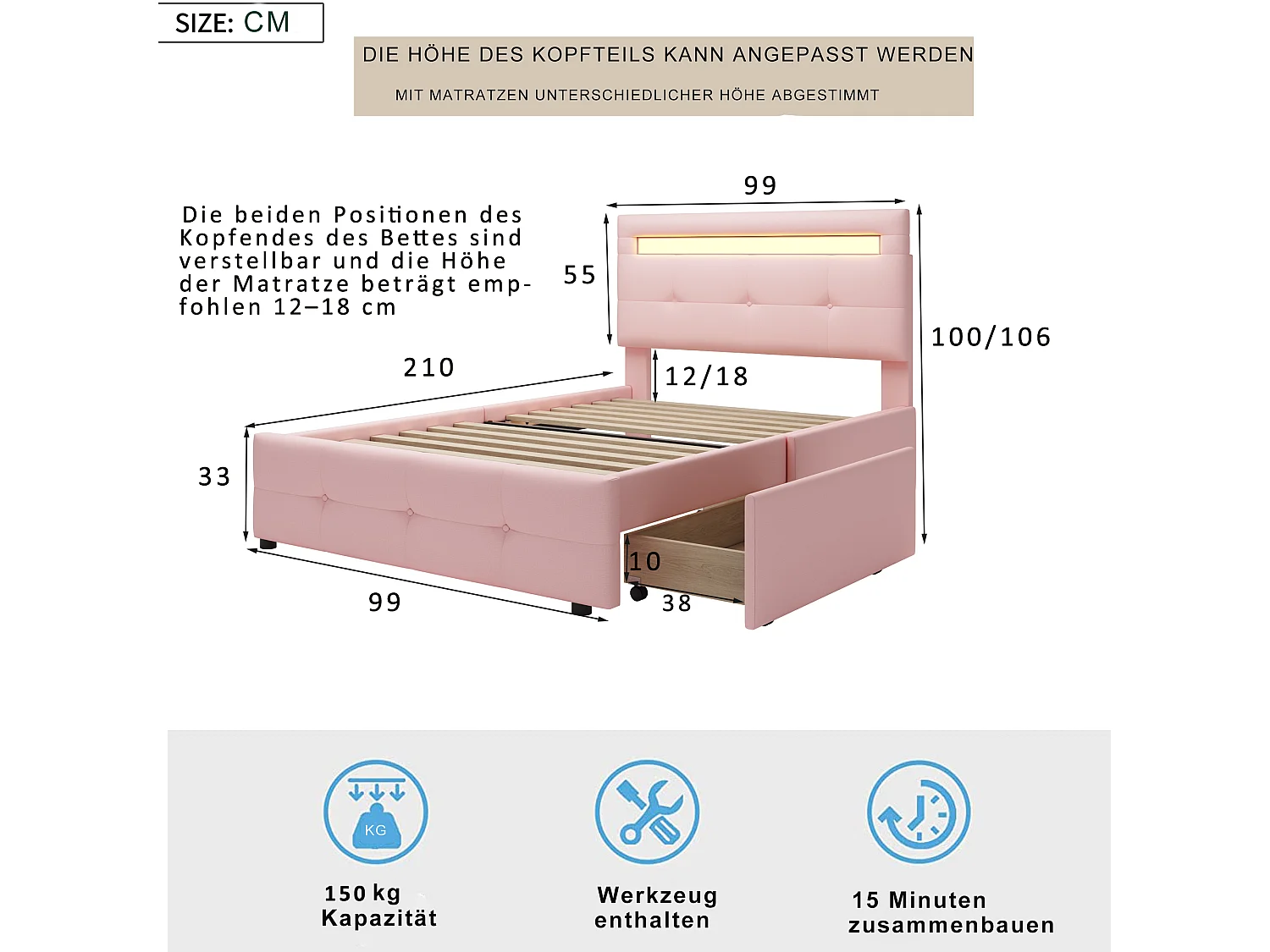 Lit enfant 90x200 cm en lin avec 2 tiroirs de rangement et LED, rose, Sommier à lattes, sans matelas