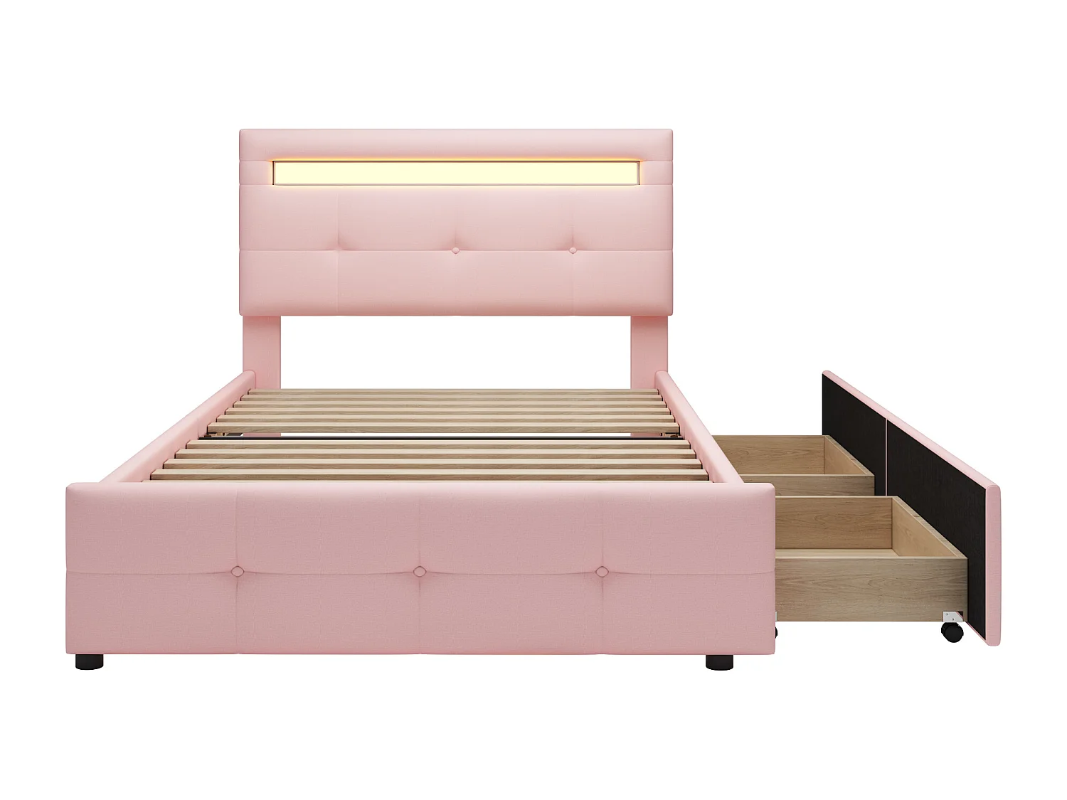 Lit enfant 90x200 cm en lin avec 2 tiroirs de rangement et LED, rose, Sommier à lattes, sans matelas